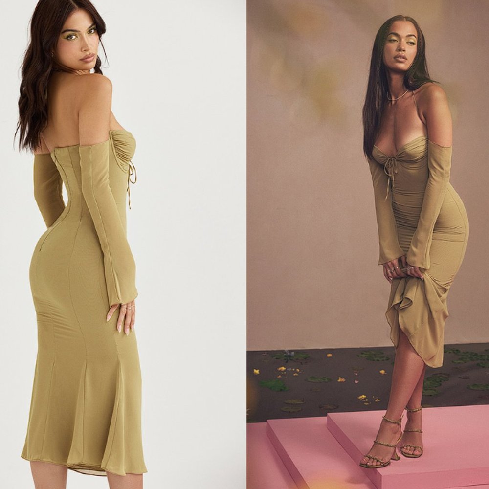 HOUSE OF CB 'Naomi' Olive Halter Midi Dress NWOT - Picture 3 of 9